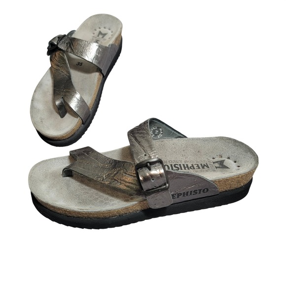 Mephisto Shoes - Mephisto Helen Metallic Silver Leather Cork Footbed Sandals EU 35 US 5 France